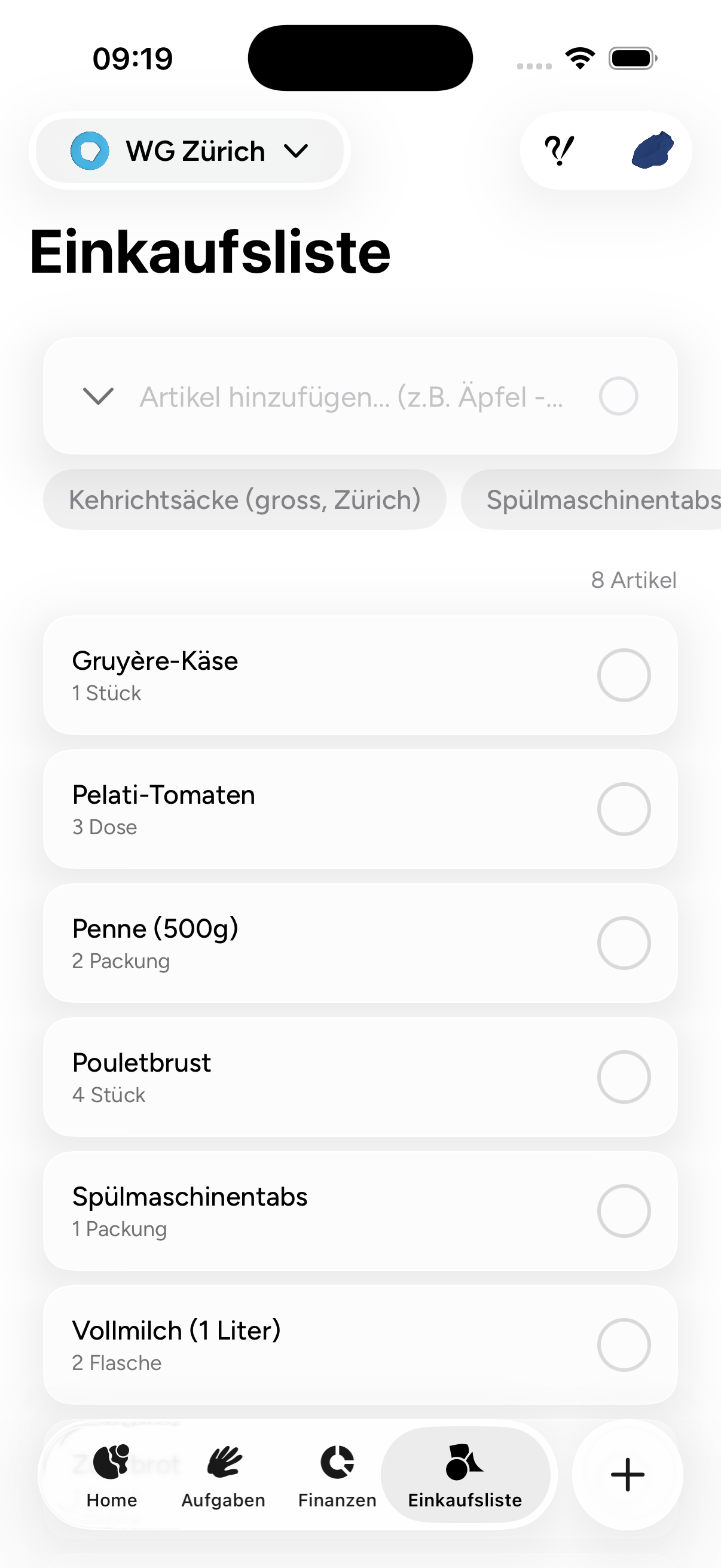 App screenshot – shopping lists