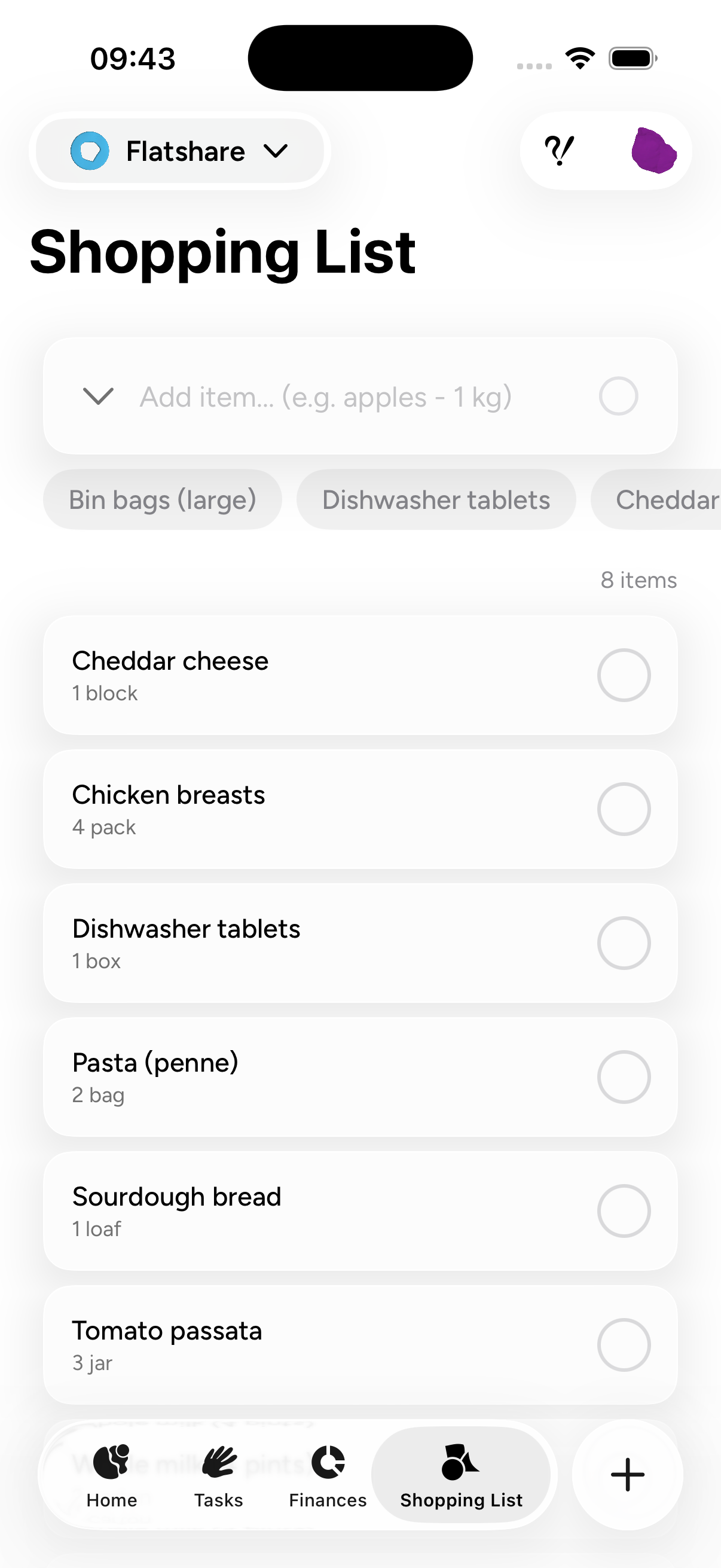 App screenshot – shopping lists