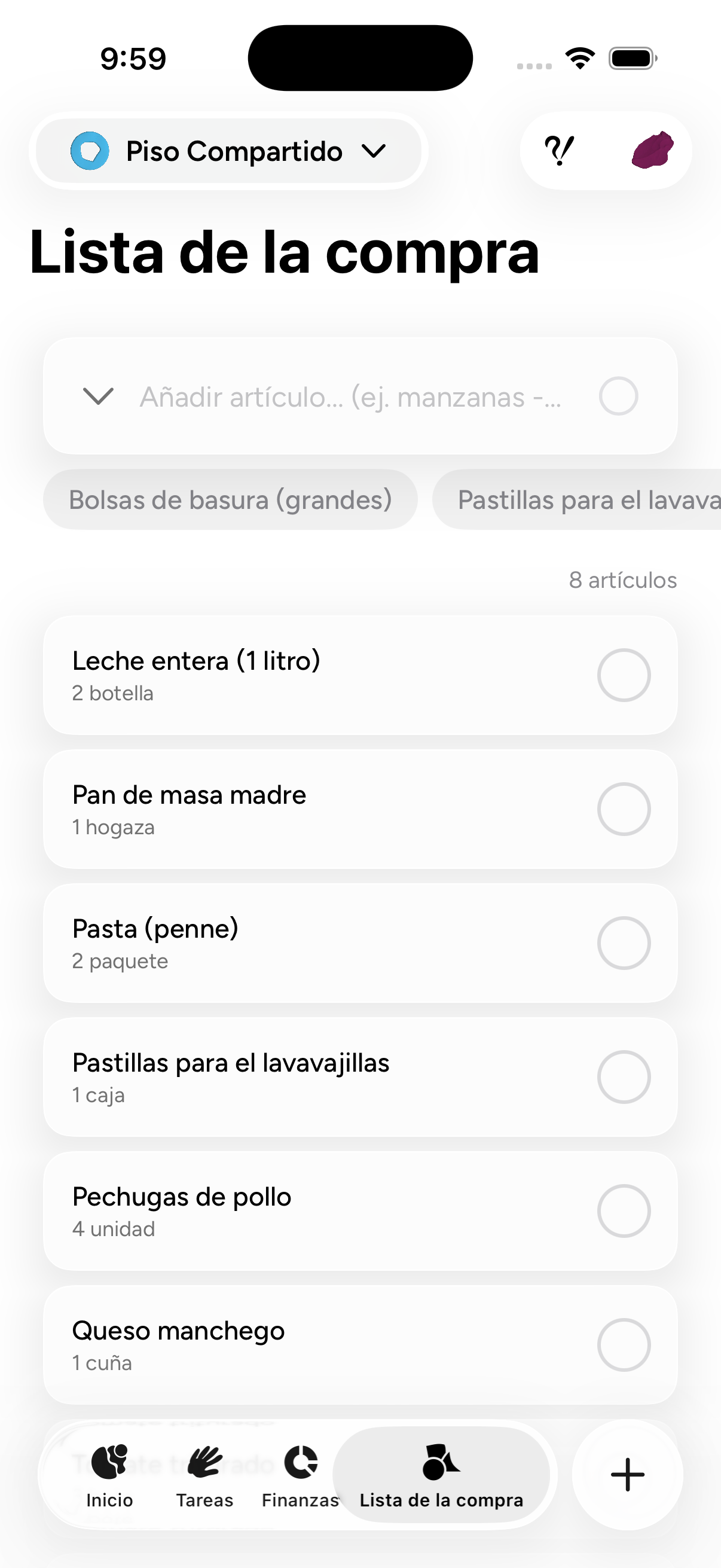 App screenshot – shopping lists