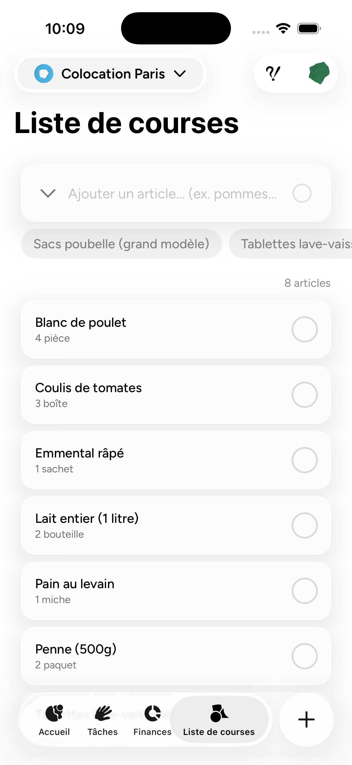 App screenshot – shopping lists